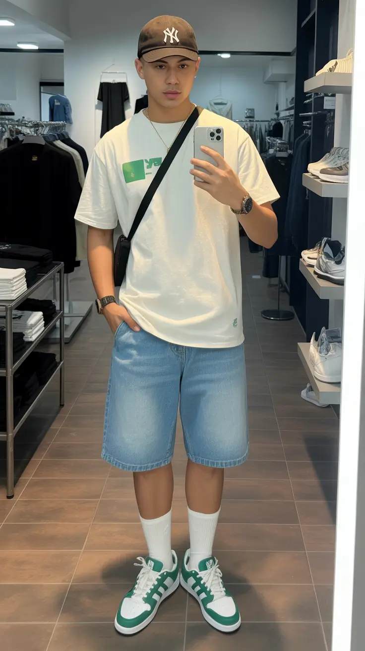 summer outfits men 2026 Modern Graphic Tee and Denim Shorts Urban Casual