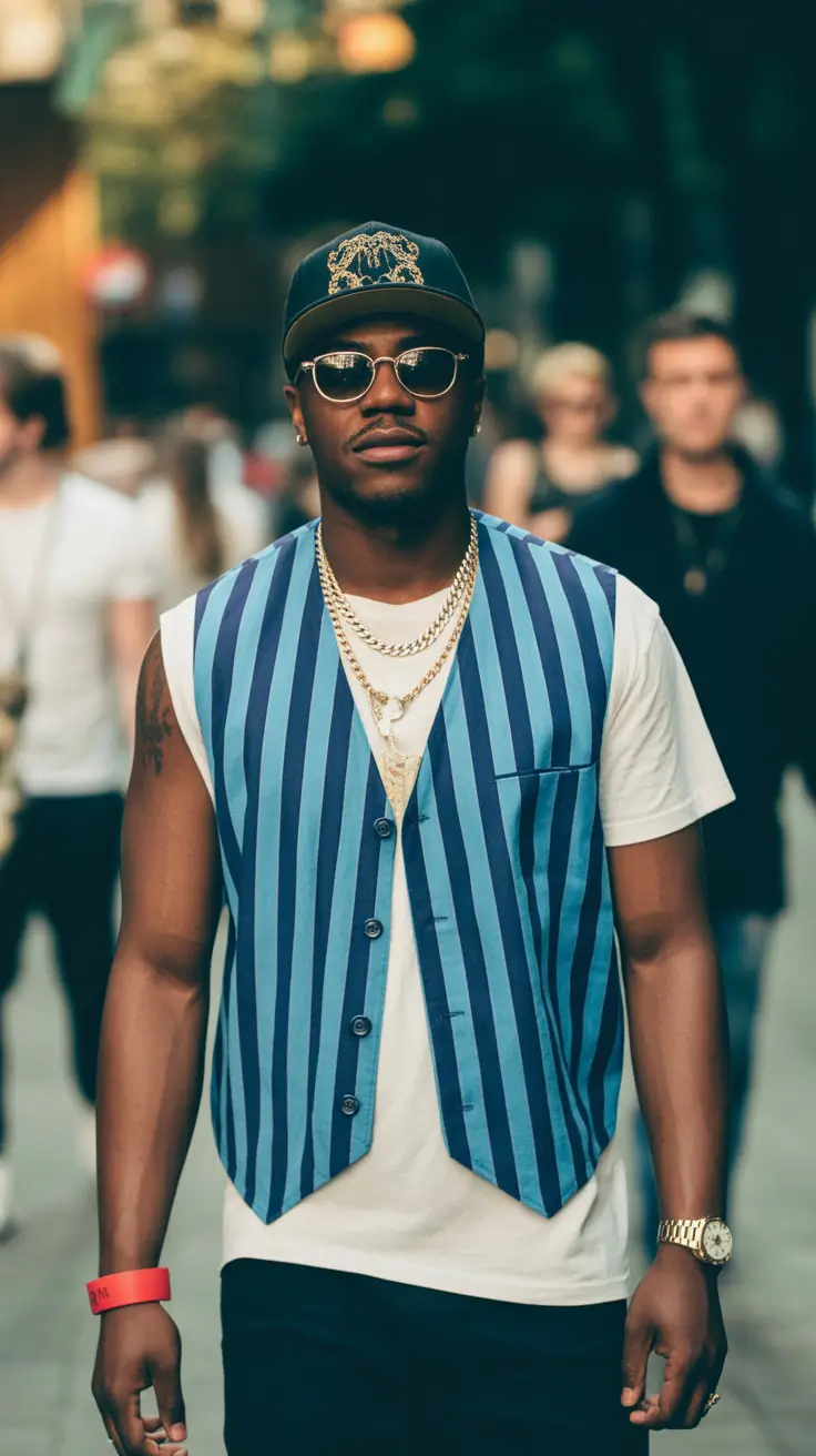summer outfits men 2026 Striped Vest Layering and Urban Statement Chains