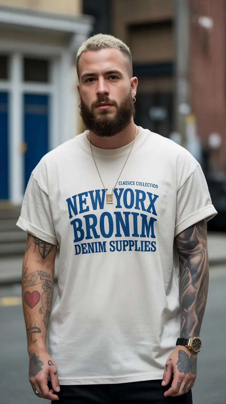 summer outfits men 2026 Graphic Logo Tee and Tattooed Minimal Street Mood
