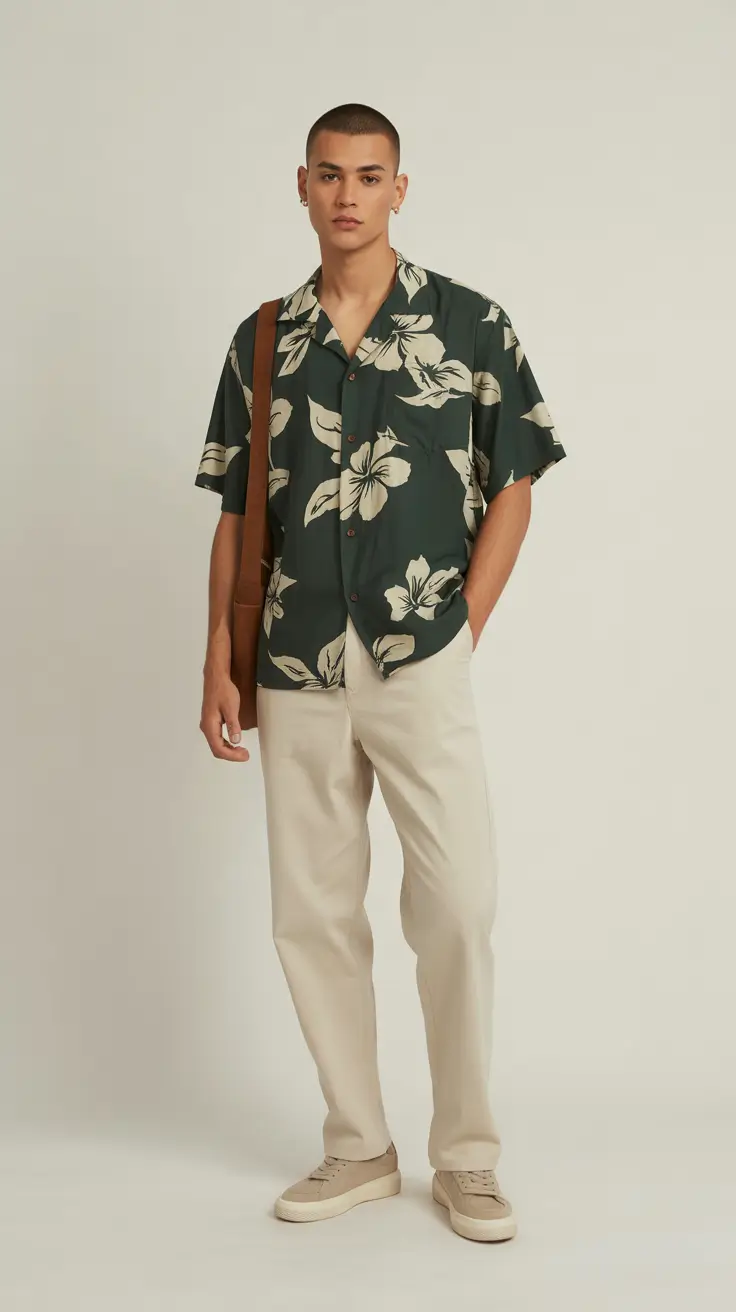 summer outfits men 2026 Floral Resort Shirt and Tailored Cream Trousers Ease