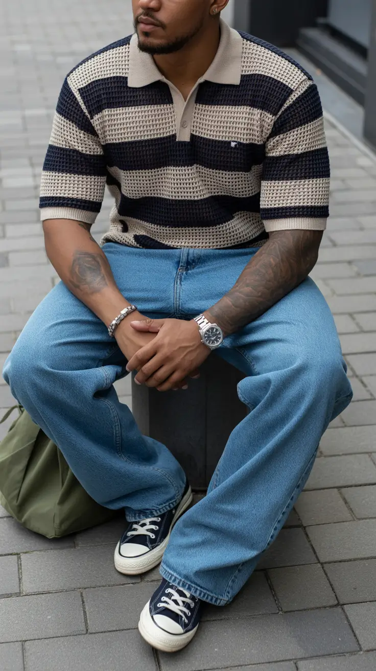 summer outfits men 2026 Textured Knit Polo and Wide Denim Street Ease