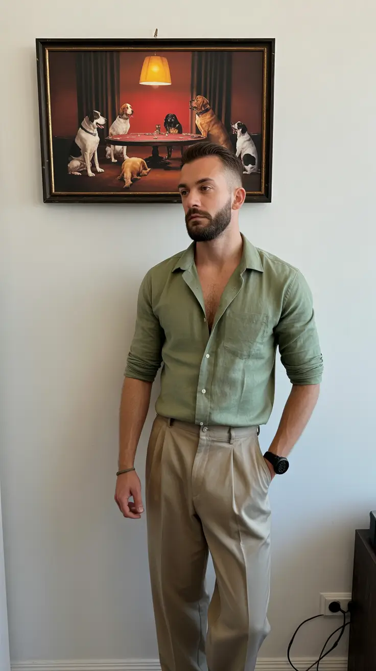 summer outfits men 2026 Olive Linen Shirt and Pleated Trousers Quiet Old Money