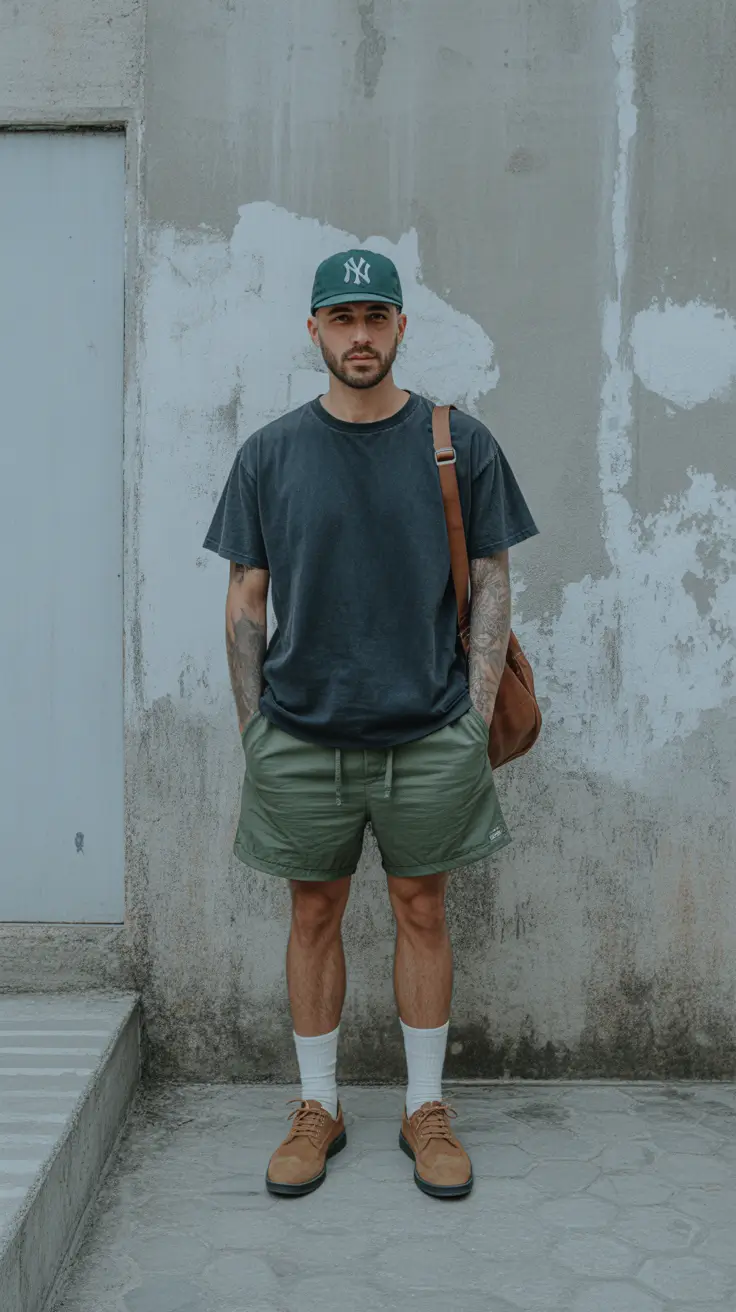 summer outfits men 2026 Utility Street Minimalism with Sport Shorts Mood