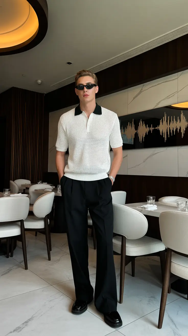 summer outfits men 2026 Refined Monochrome Knit Polo Evening Elegance