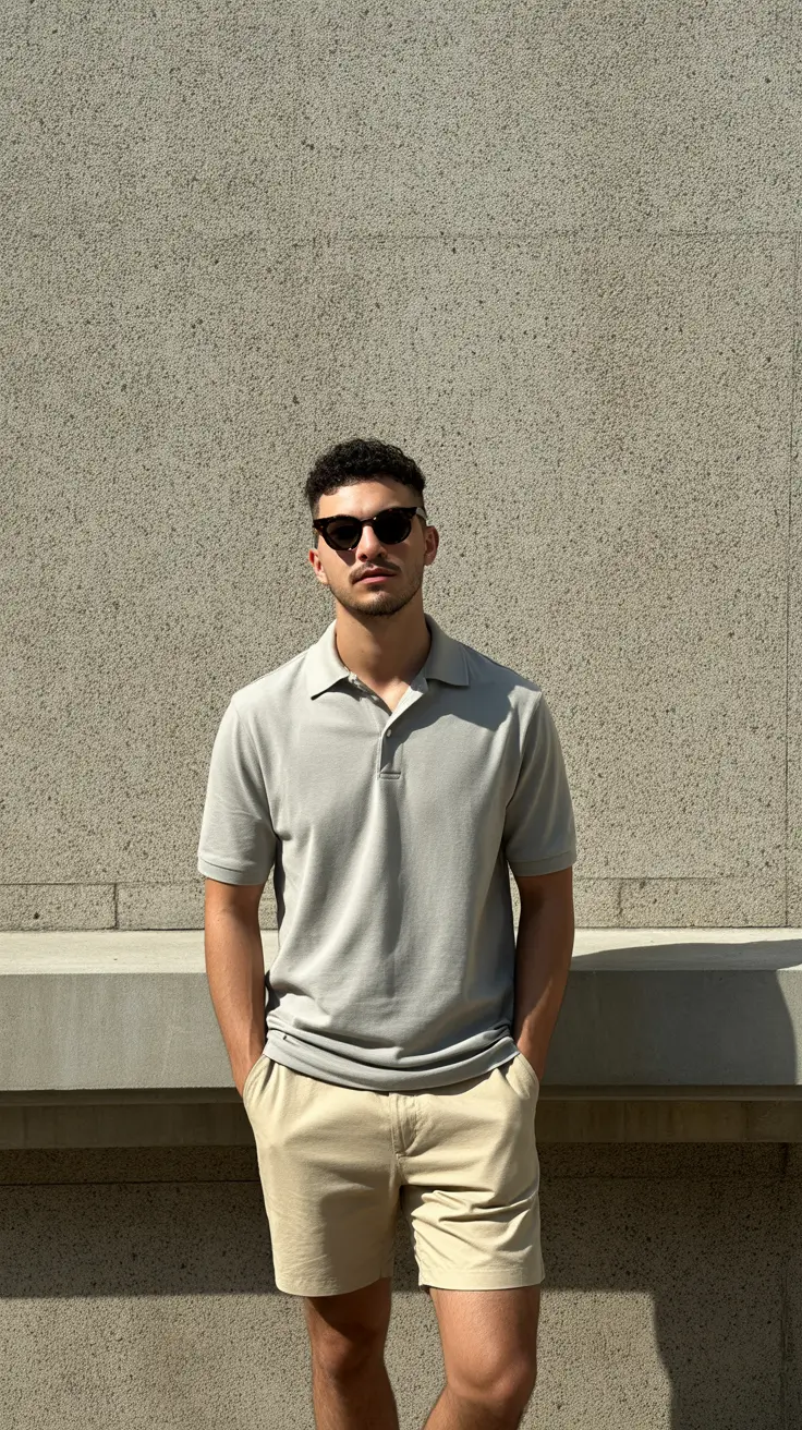 summer outfits men 2026 Soft Neutral Polo and Tailored Shorts Resort Balance