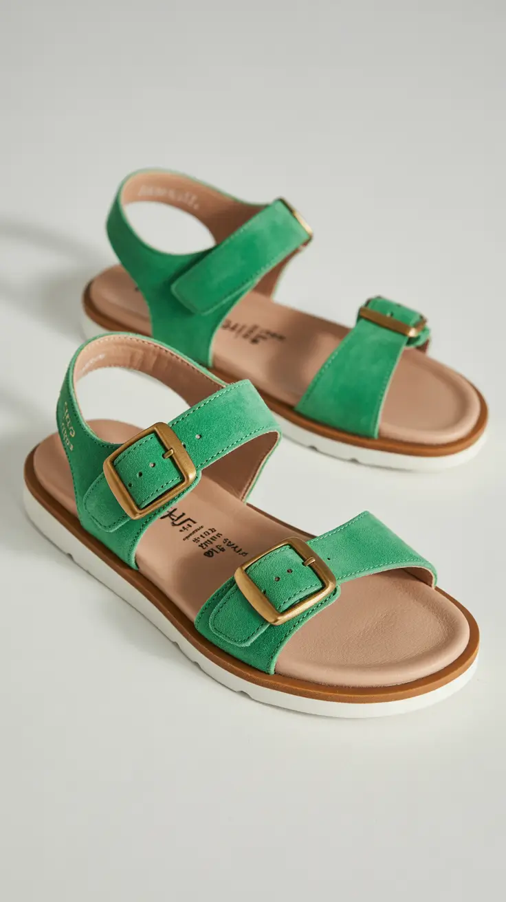 summer outfits with sandals for women 2026 Structured Green Sandals with a Polished Finish