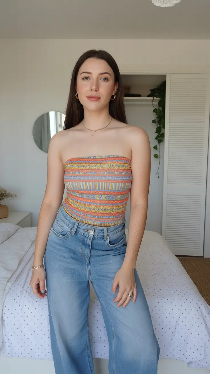 teen girls summer outfits 2026 Striped Tube Top and Relaxed Denim Confidence