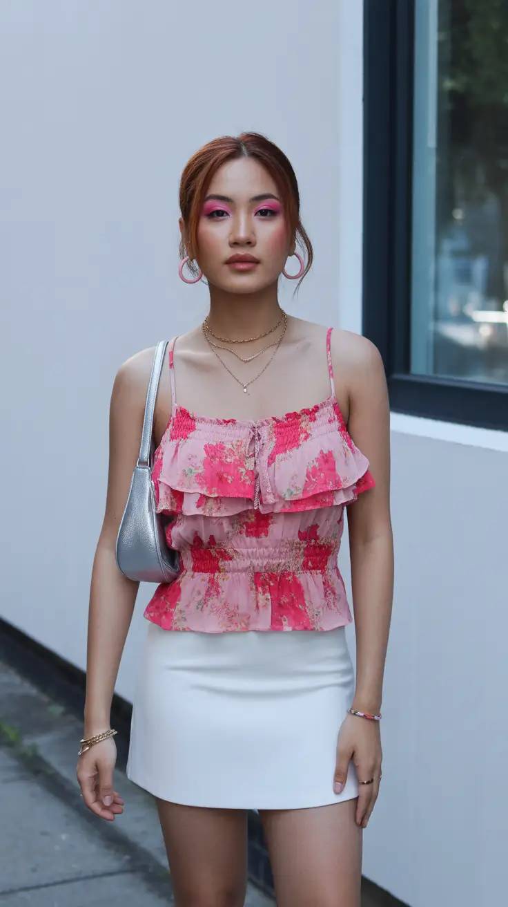 teen girls summer outfits 2026 Romantic Ruffled Top and Minimal Skirt Contrast