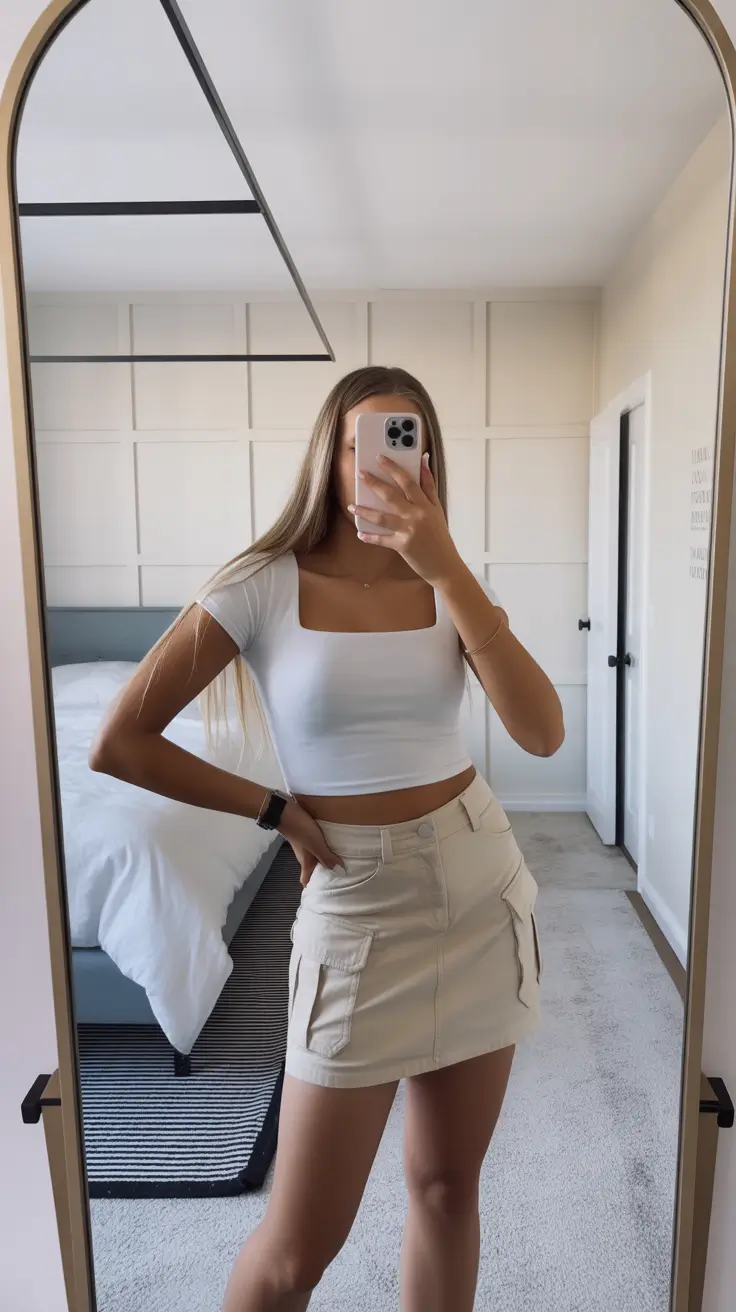 teen girls summer outfits 2026 Minimal White Crop and Cargo Mini Skirt Look