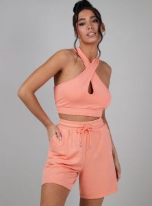 Ensemble Crop Top Et Short Femme – Motif Orange Et Bleu, Taille S, 2 Pièces, Neuf Sans étiquette