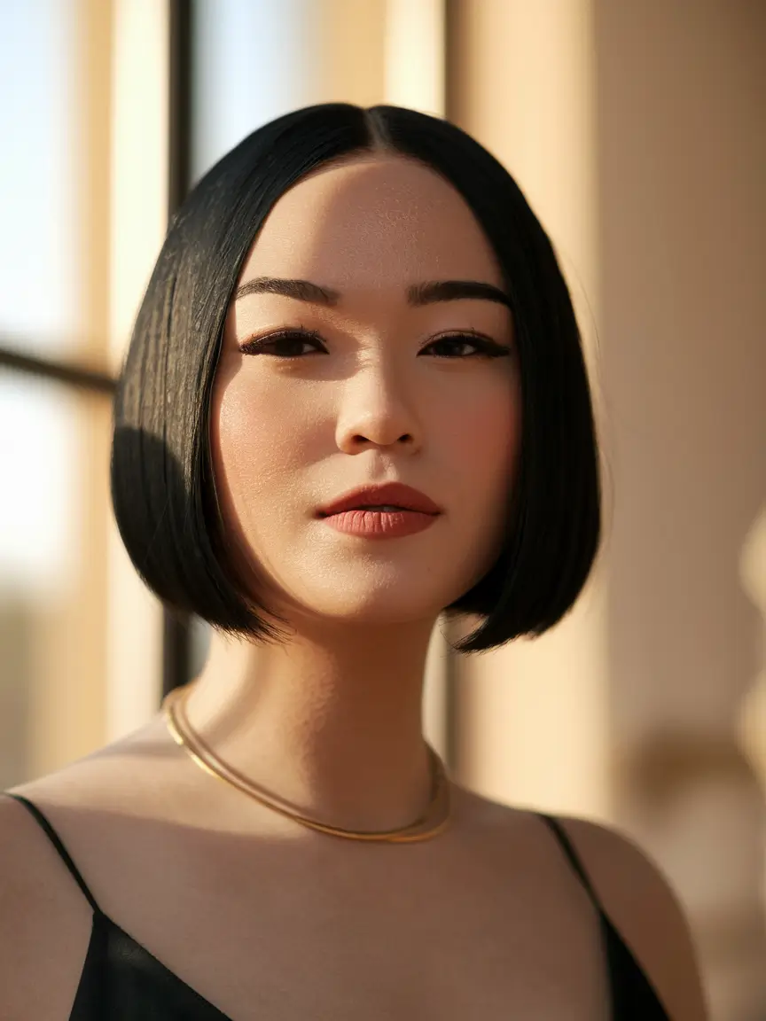 short summer haircuts for round faces Sculpted Chin-Length Precision Bob