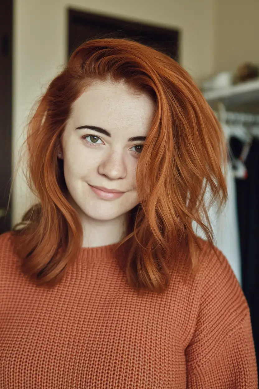 cute summer haircuts for round faces Deep Side-Parted Rust Lob