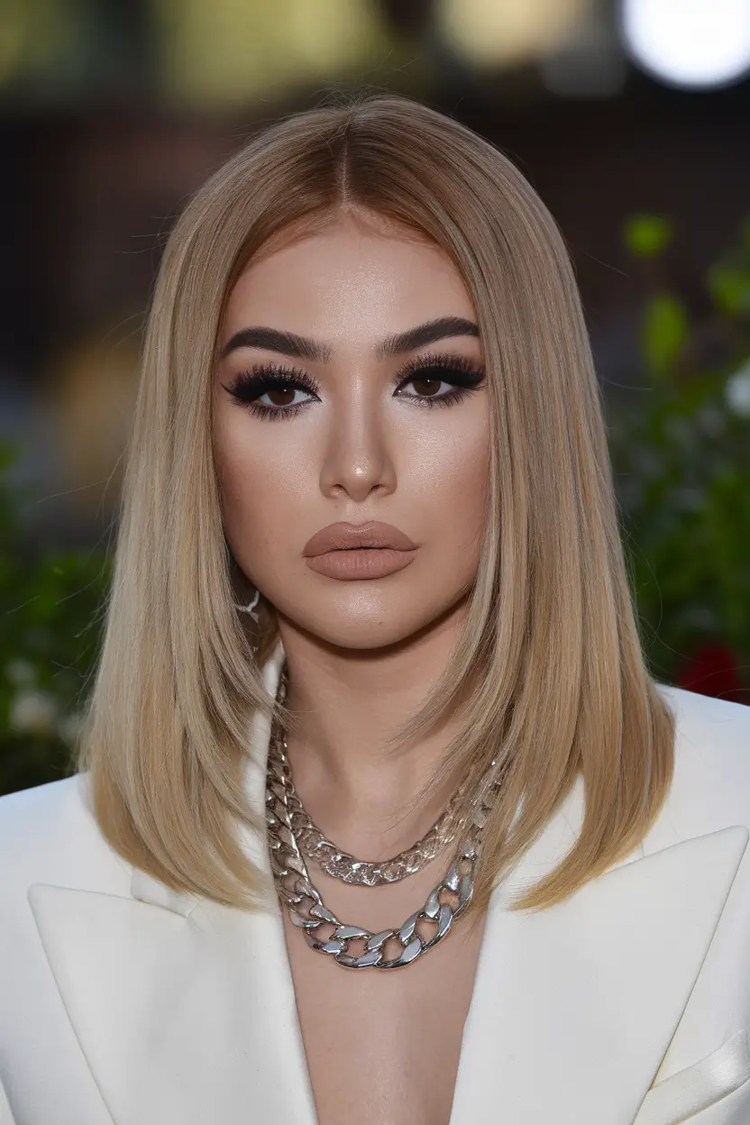 summer haircut for women round face Sleek Straight Lob in Warm Beige Blonde