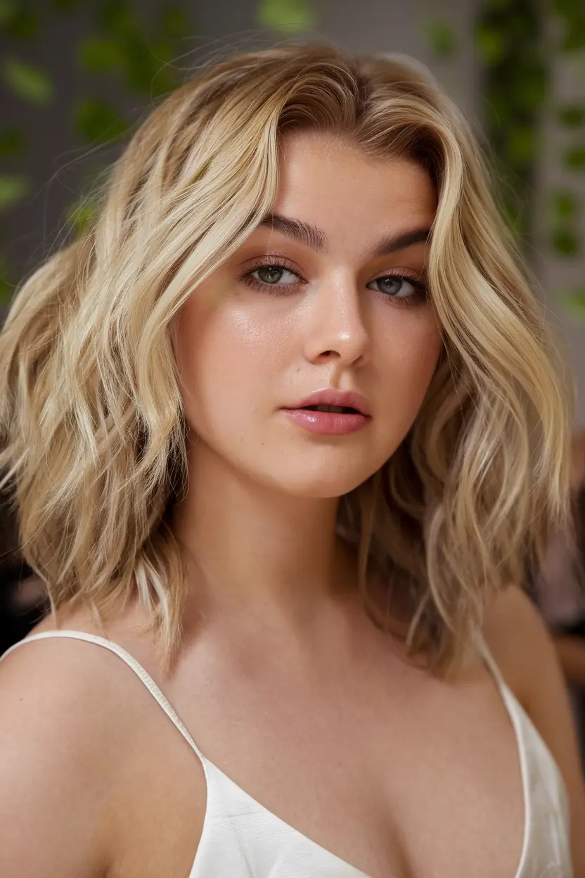 medium length summer haircut round face Beachy Platinum Blonde Waves with Texture