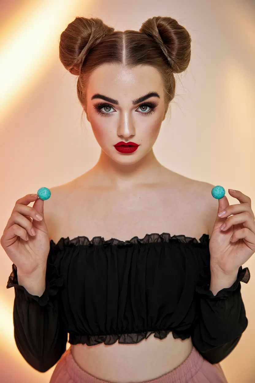 summer haircuts for round chubby faces Playful Space Buns with Sleek Center Part