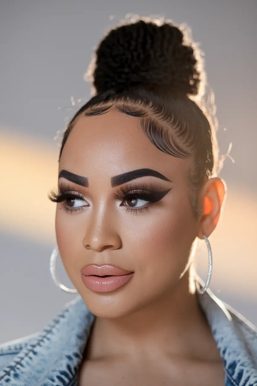 summer haircut for oval face Curly Top Knot with Polished Edges
