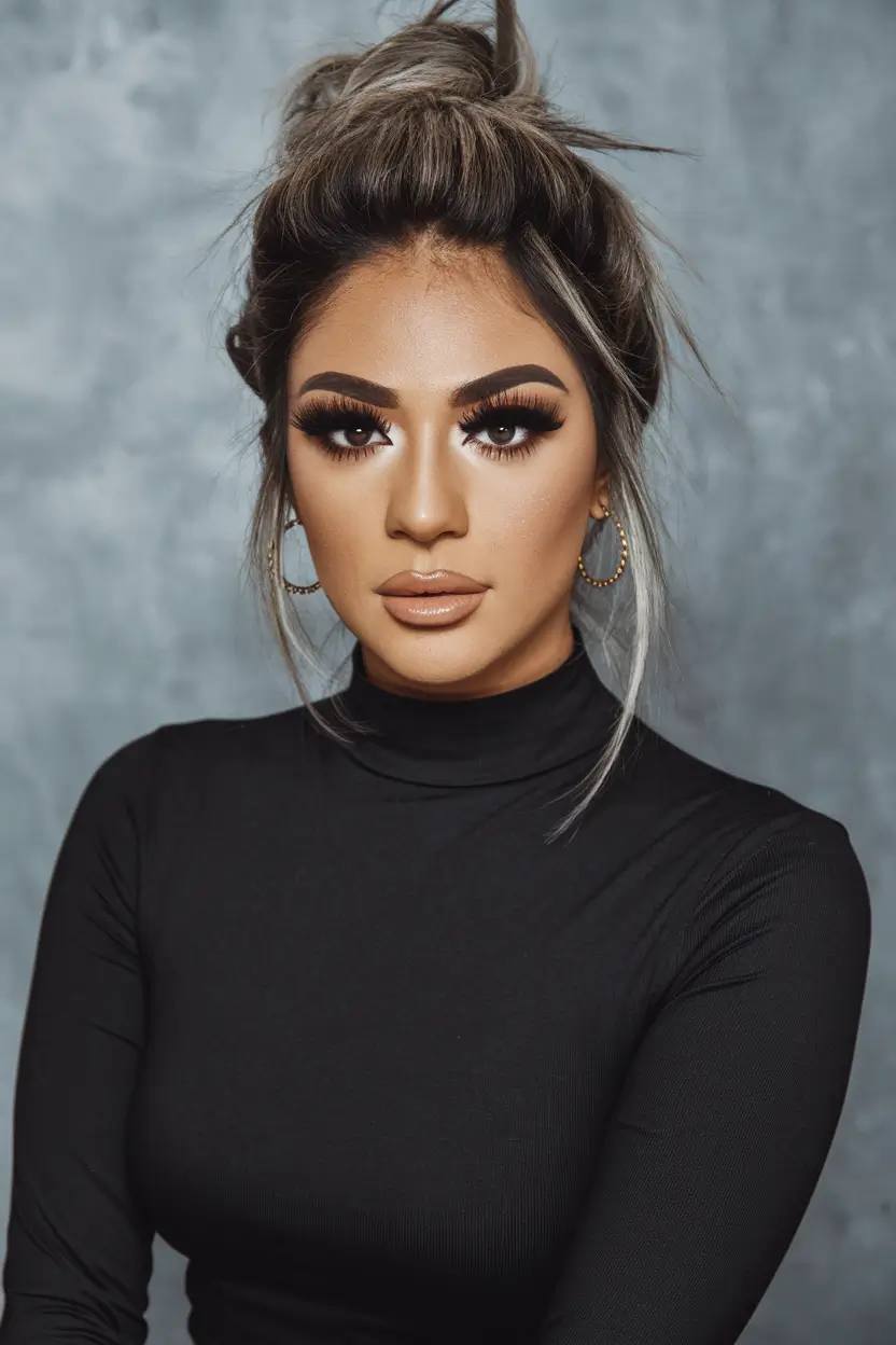 summer haircut for oval face Messy Top Knot with Dimensional Highlights