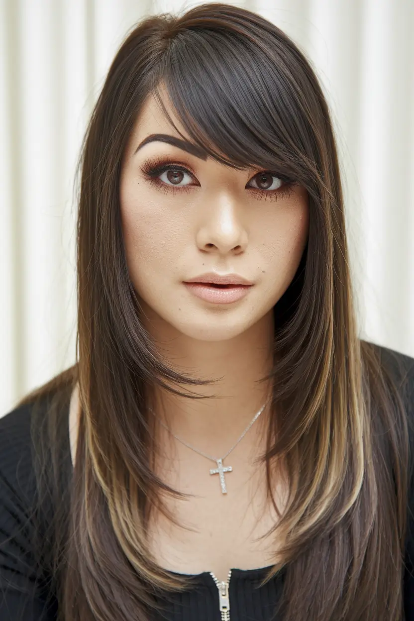 summer haircut for oval face Layered Side-Swept Bangs with Light Feathering