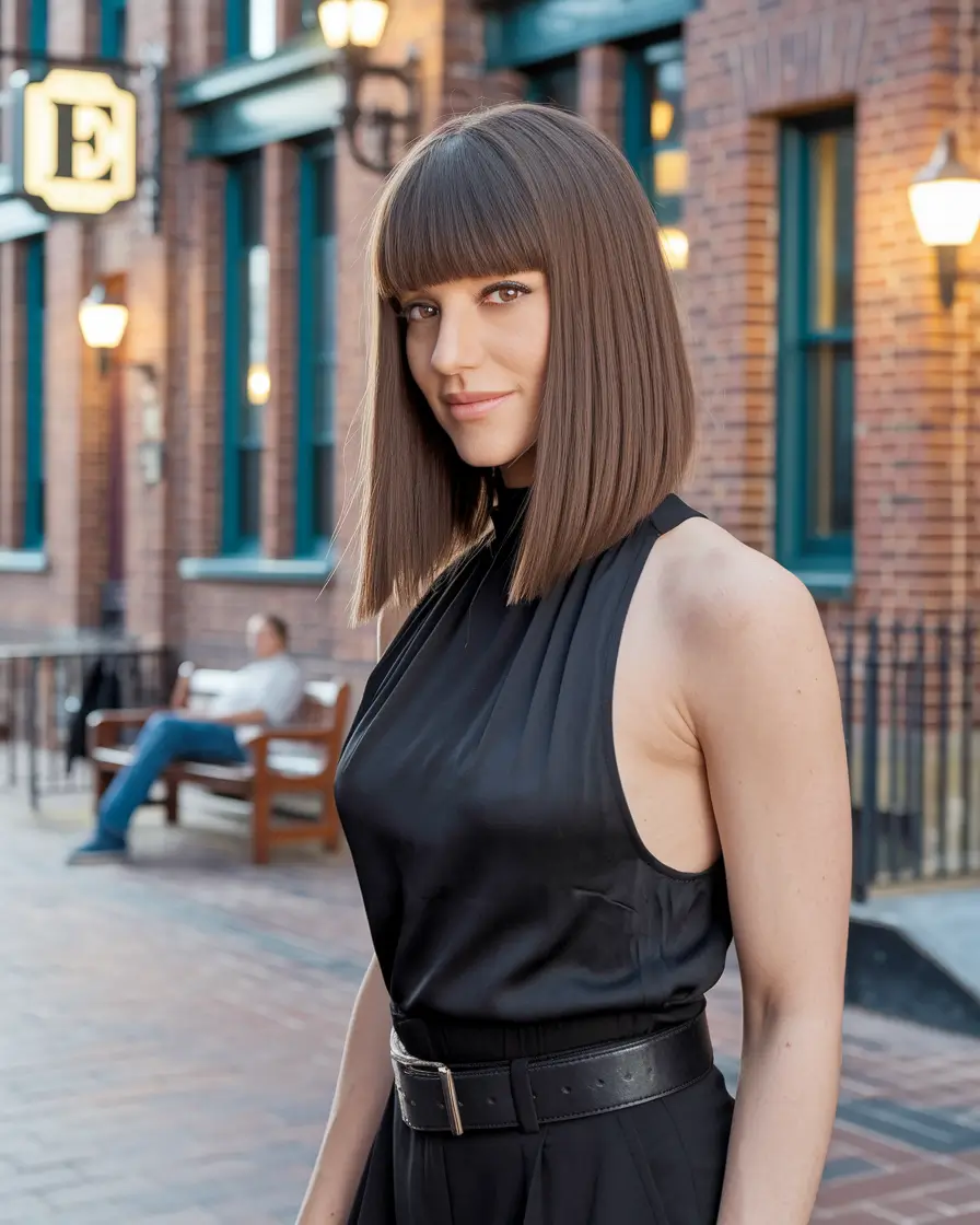 Haircuts with Bangs – Summer Ideas 2025: Soft Fringe Ideas Structured Chocolate Brown Bob with Blunt Bangs