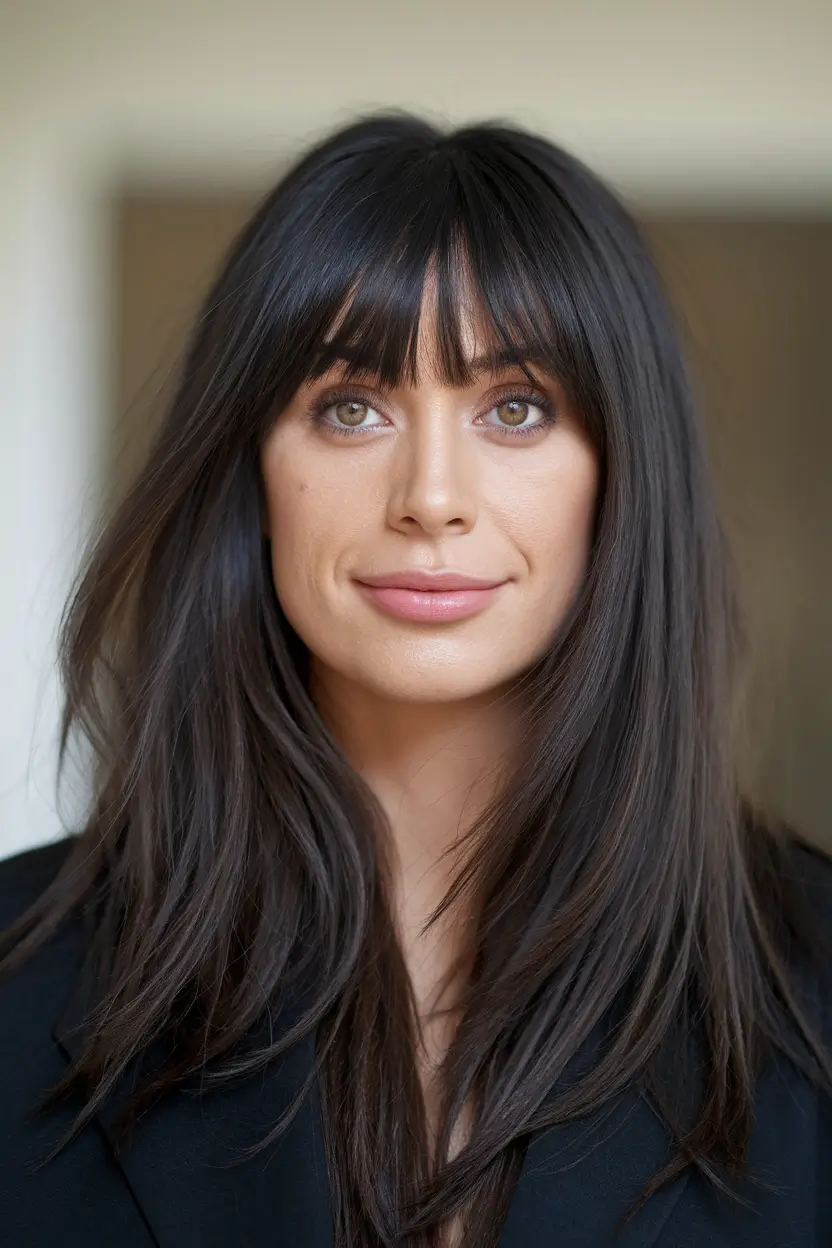 Haircuts with Bangs – Summer Ideas 2025: Soft Fringe Ideas Glossy Dark Brunette Layers with Airy Curtain Bangs
