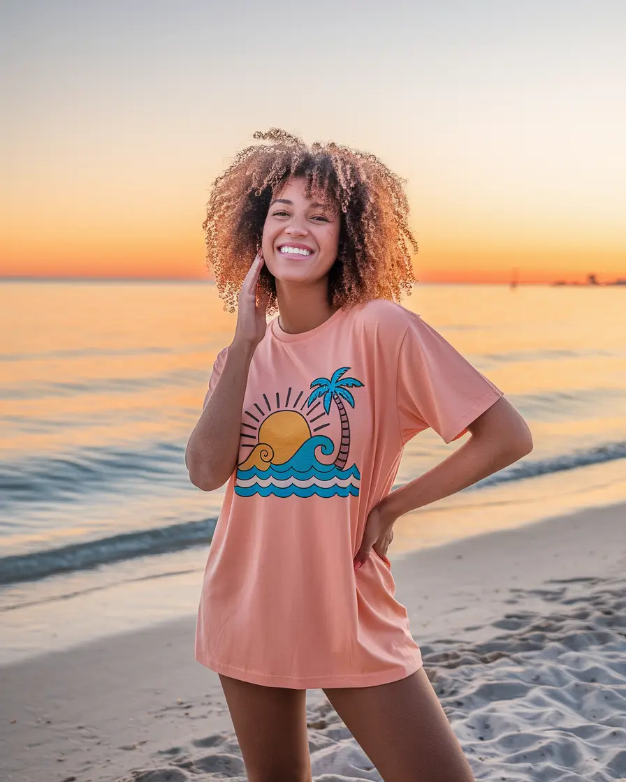 beach shirt women summer outfits Peachy Palms & Sunset Smiles