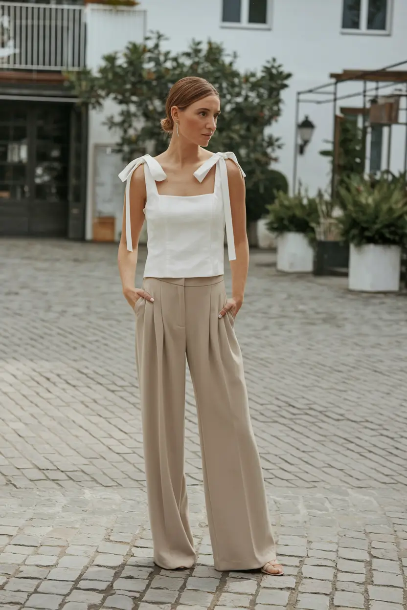 summer work outfit ideas for women Soft Neutrals with a Bow-Tied Twist