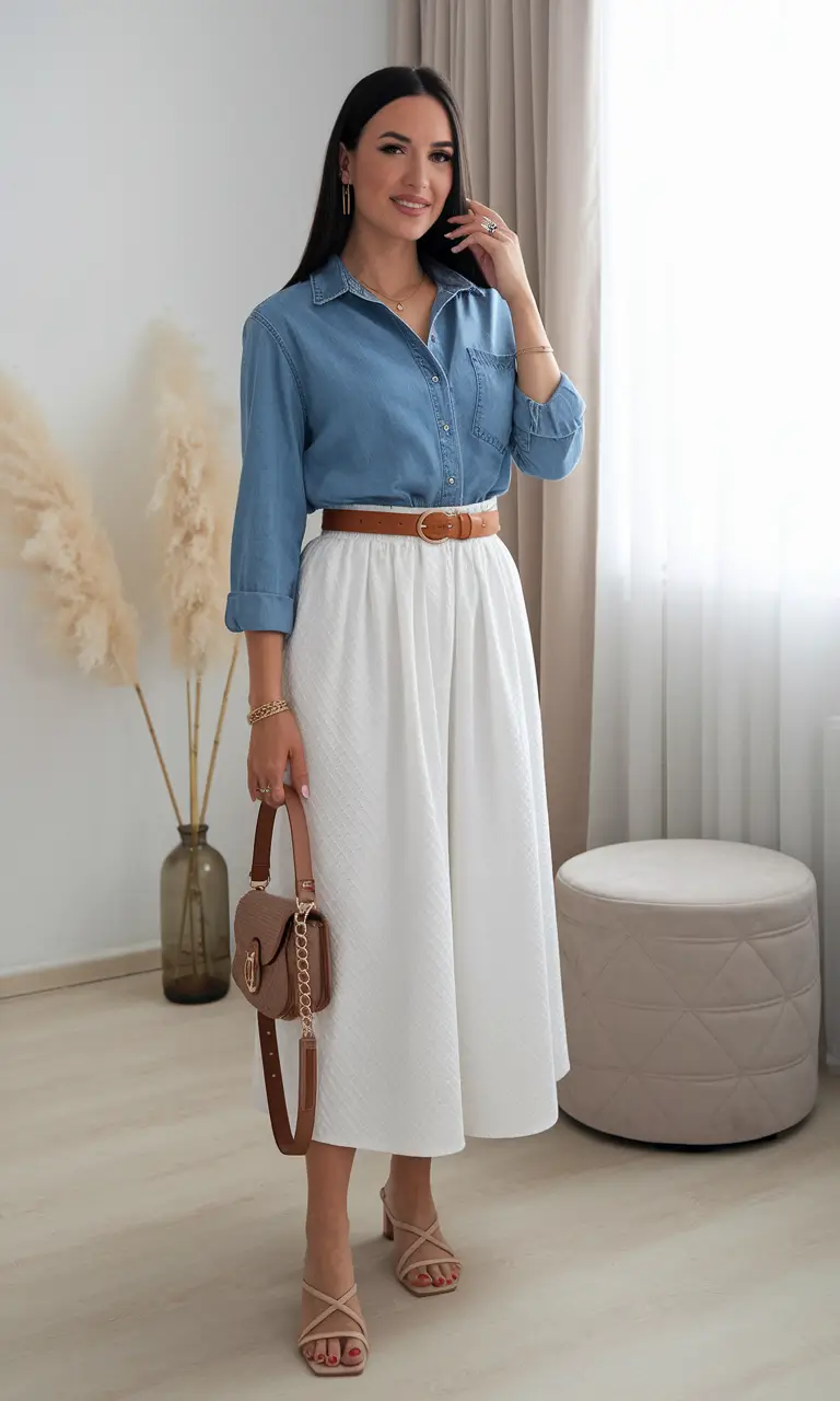 summer work outfit ideas women Timeless and Light: Chambray + White Skirt