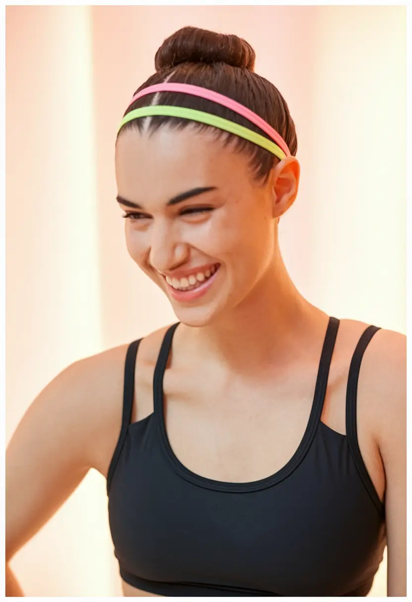 volleyball hairstyles bun High Bun with Double Neon Headbands