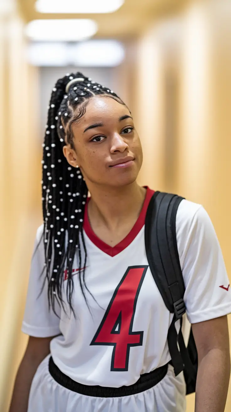 volleyball hairstyles braids High Ponytail with Beaded Braids