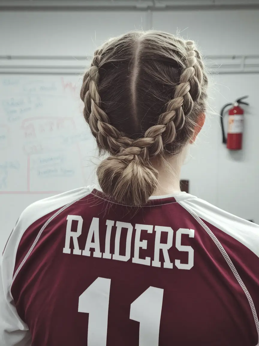 summer volleyball hairstyles Double Braided Crown with Low Bun