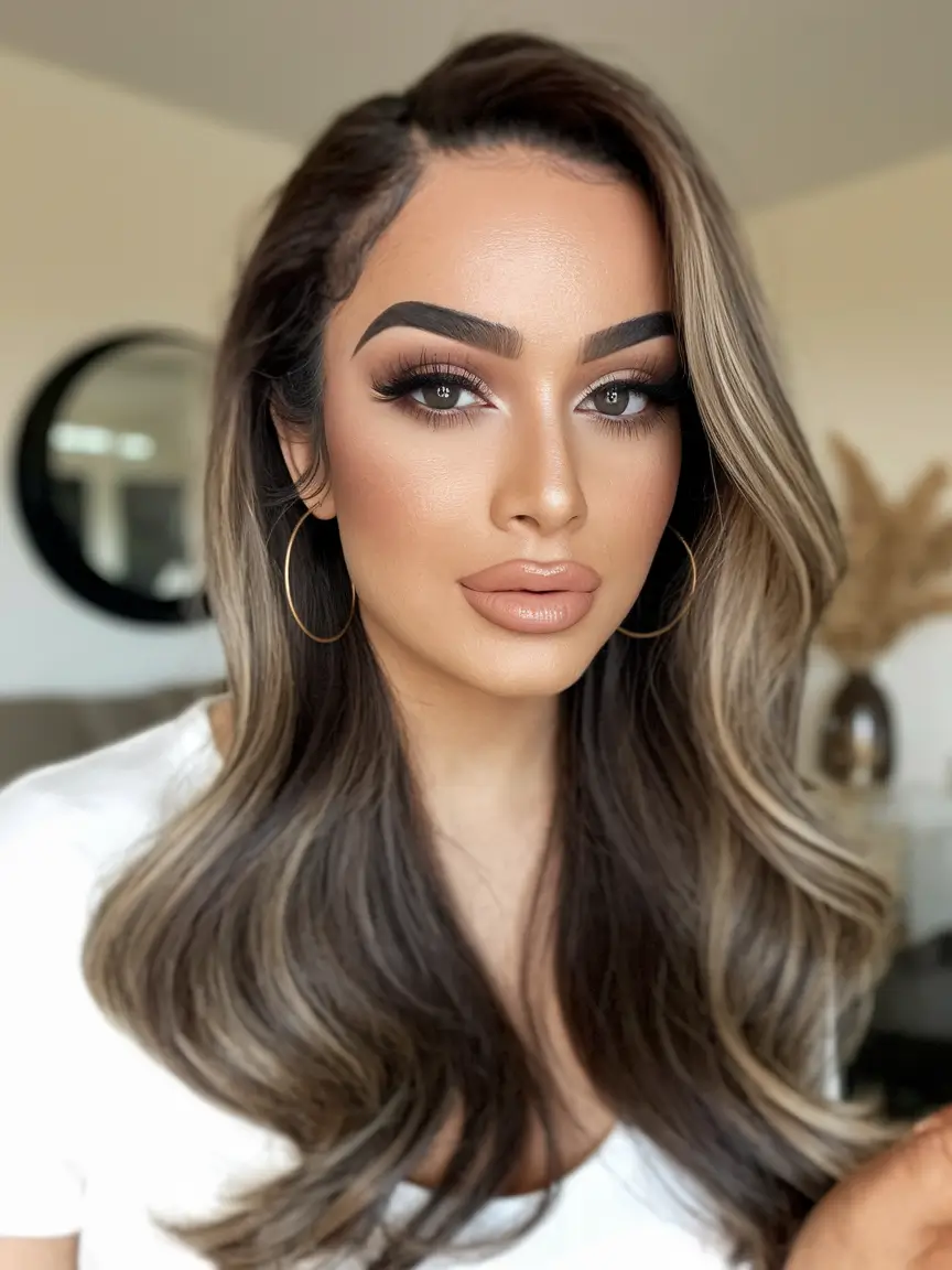 brown hair color summer 2025 Cocoa-Rooted Blend with Cool Blonde Highlights