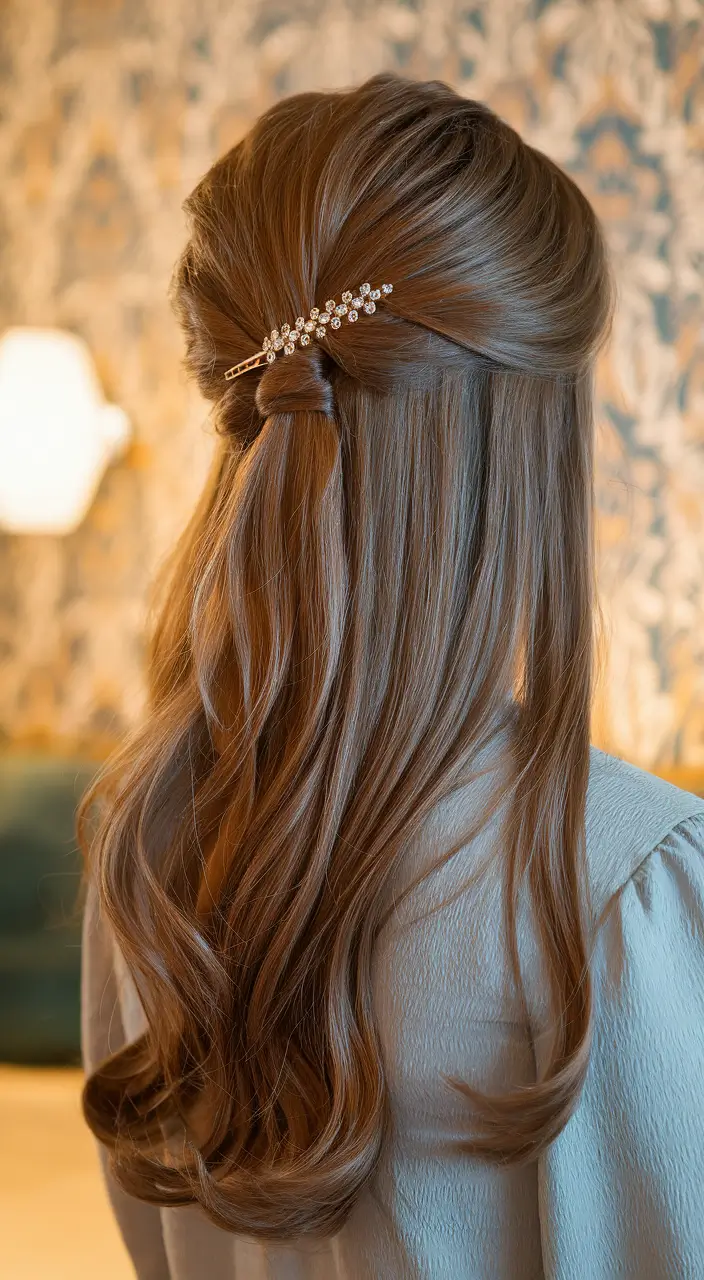 brwon hair color summer 2025 Warm auburn half up twist for subtle statement