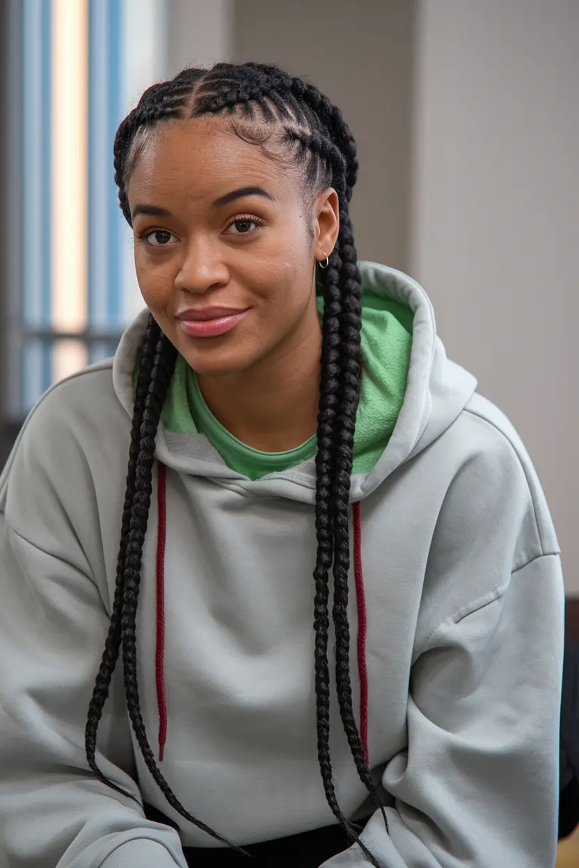 summer braids black women Chunky Front-Focused Braids with Natural Parting
