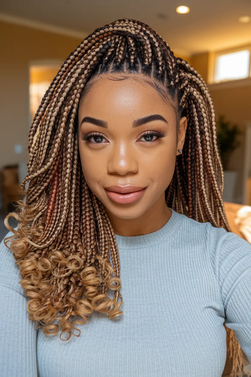 summer braids black women Curled Ends on Honey Blonde Knotless Braids