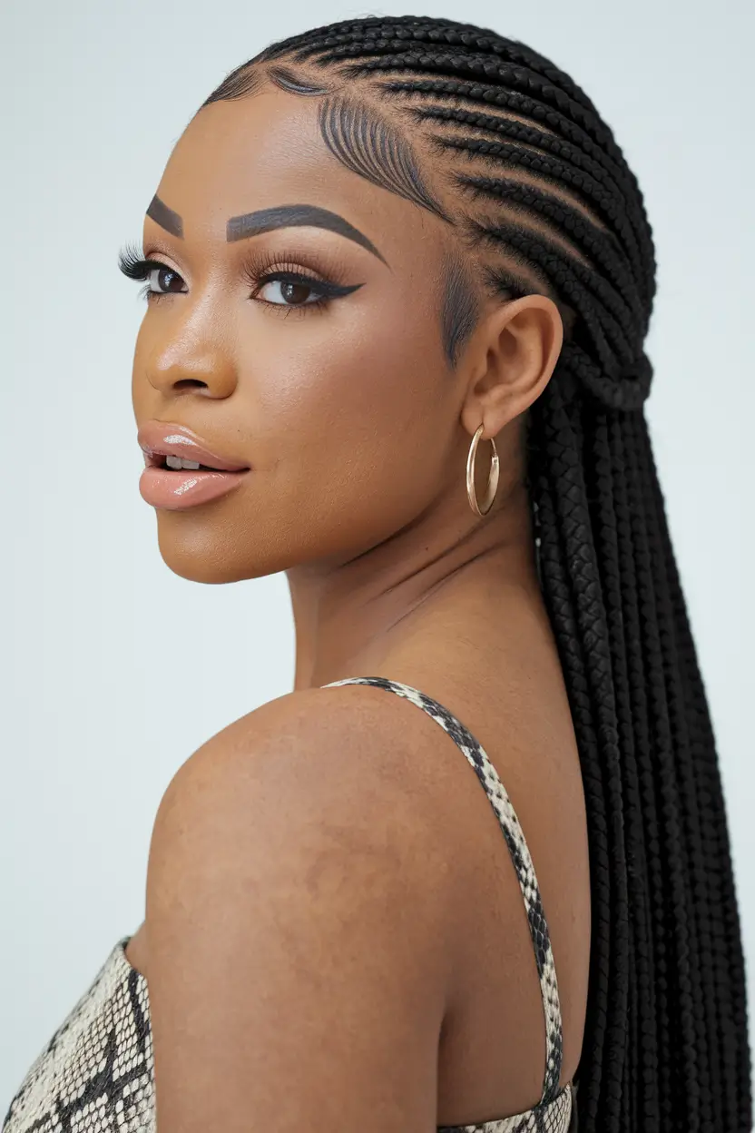 summer braids black women Micro-Stitched Swoop Braids Pulled Back Half-Up