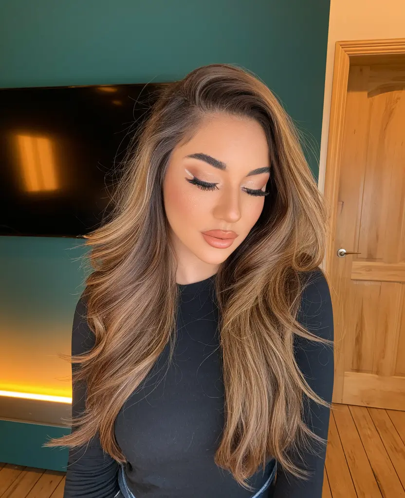 brunette hair color summer 2025 Glossy Brunette with Lifting Golden Layers