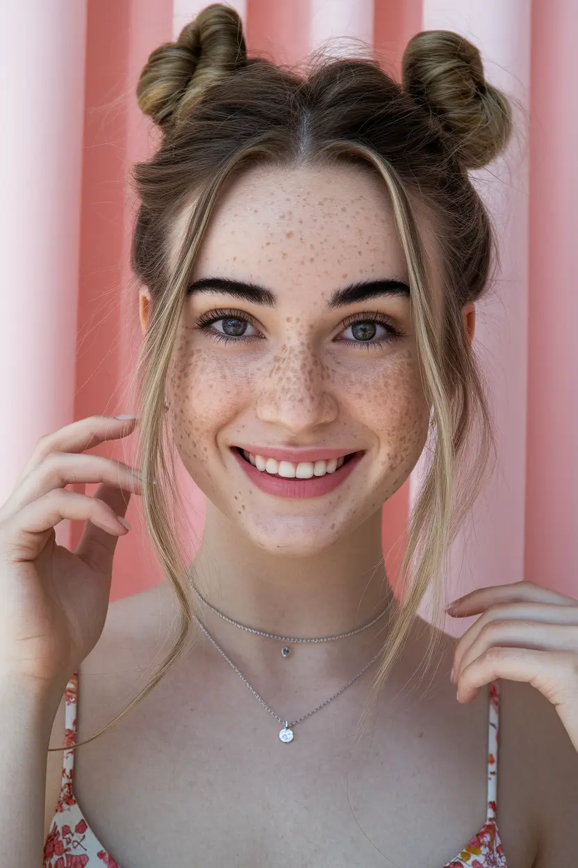 teen hairstyles girls easy up+Space Buns with Loose Face Layers