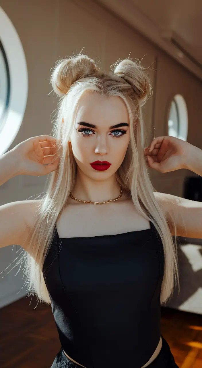 teen hairstyles girls easy up+Double Space Buns with Slicked Center Part