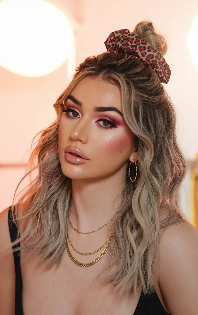 Easy & Cute Hairstyles Inspiration - Summer 2025 - Effortless Wavy Half-Up Bun with Scrunchie