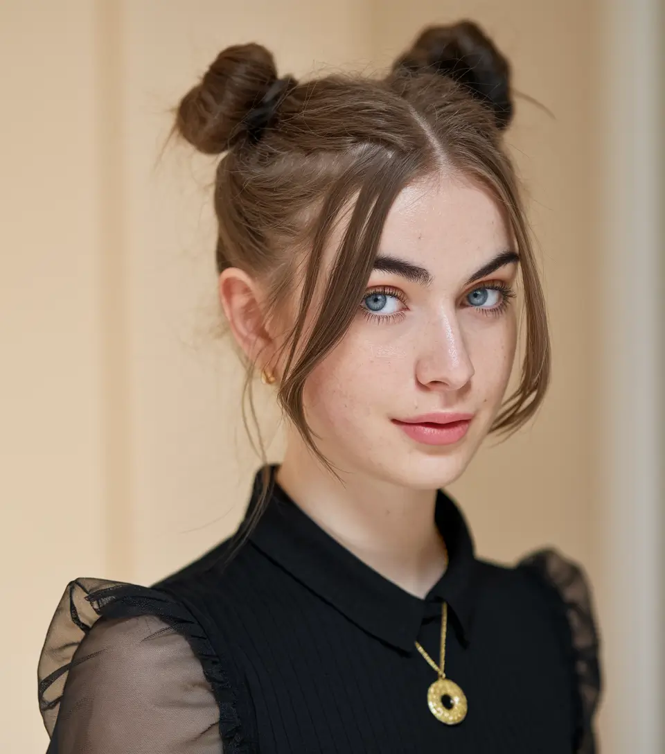 Easy & Cute Hairstyles Inspiration - Summer 2025 - Playful Space Buns with Curtain Bangs