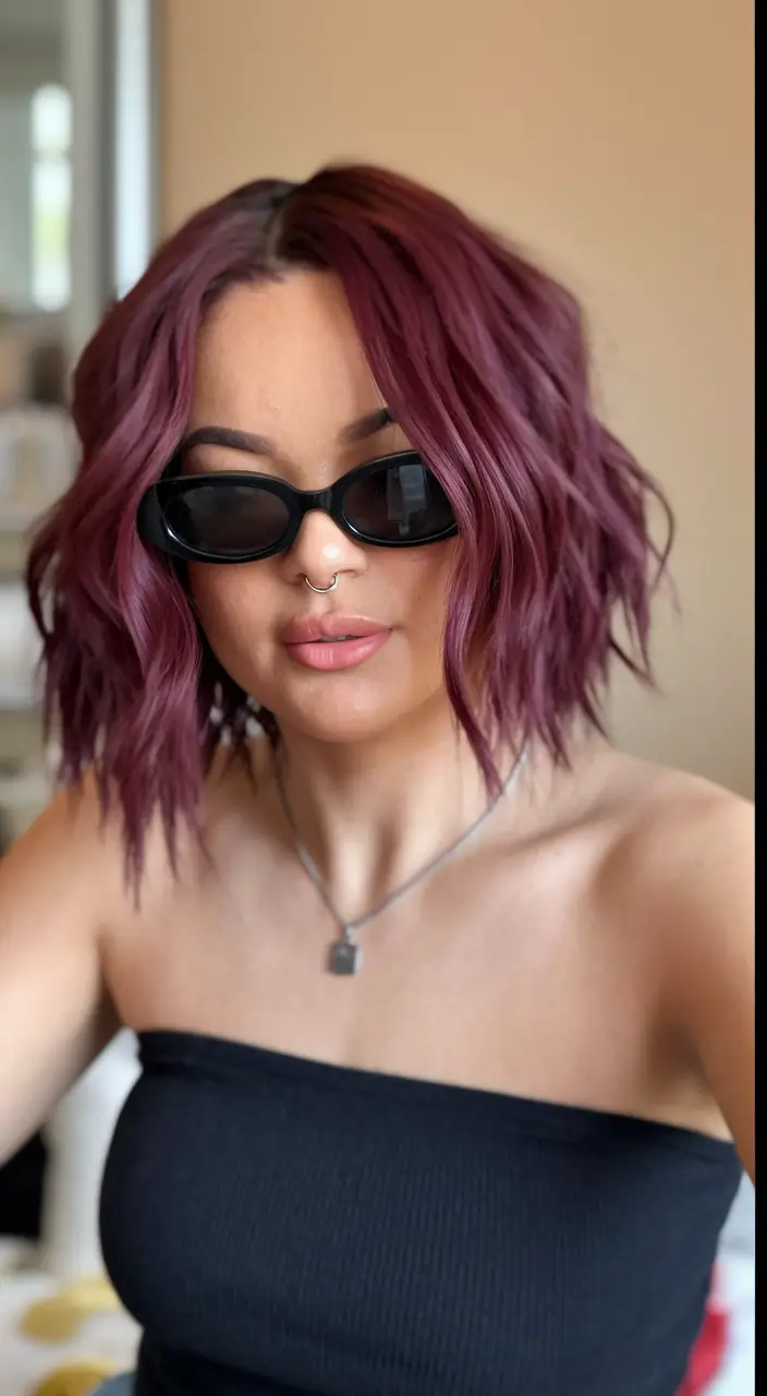 Easy & Cute Hairstyles Inspiration - Summer 2025 - Textured Bob in Deep Plum
