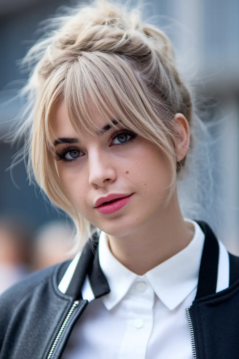 Easy & Cute Hairstyles Inspiration - Summer 2025 - Messy Blonde Updo with Curtain Bangs