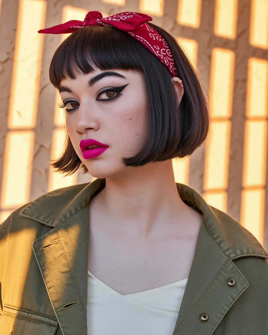Easy & Cute Hairstyles Inspiration - Summer 2025 - Retro Bandana Bob with Bangs