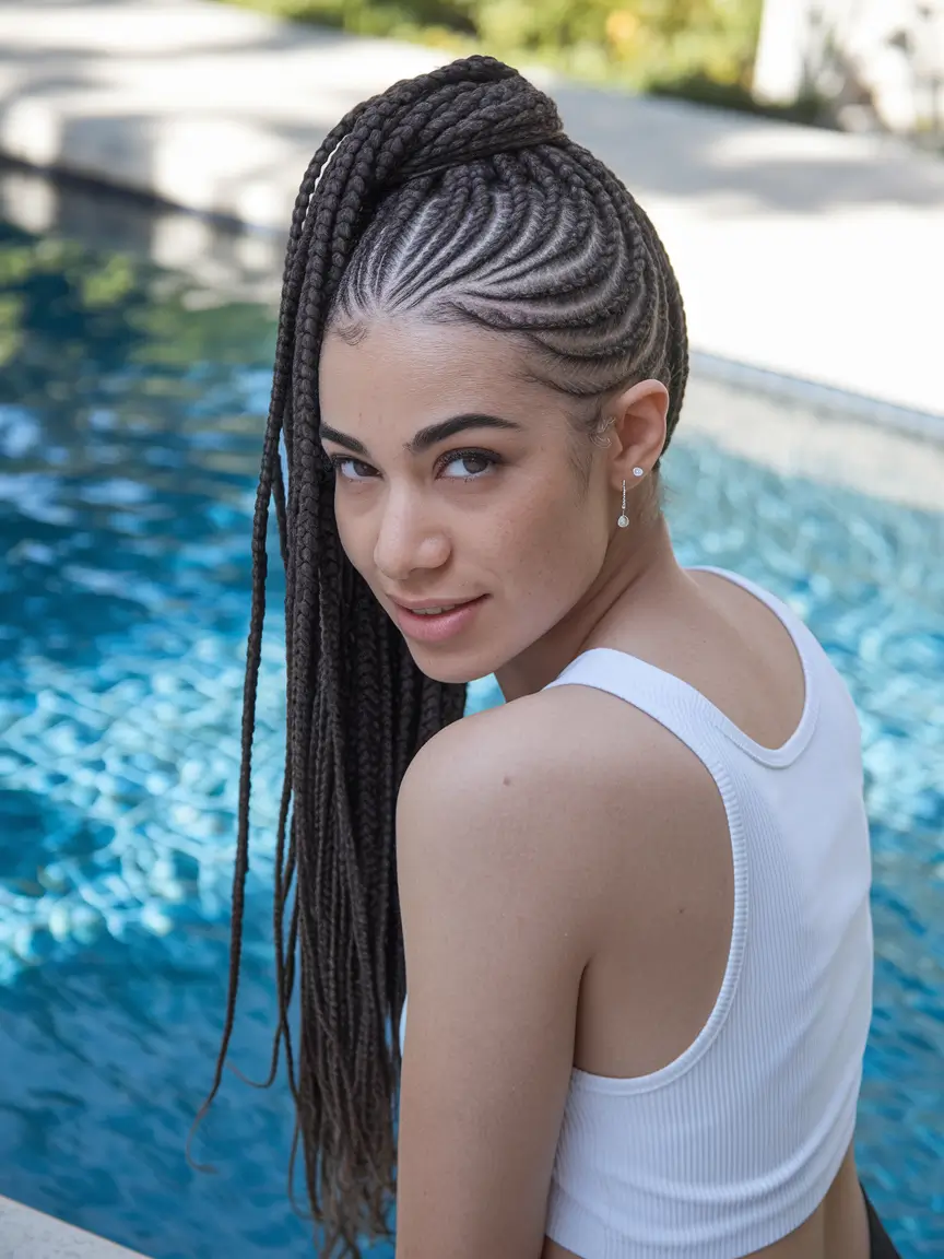 summer hairstyles for black women swimming Half-Up Braided Crown with Long Knotless Braids