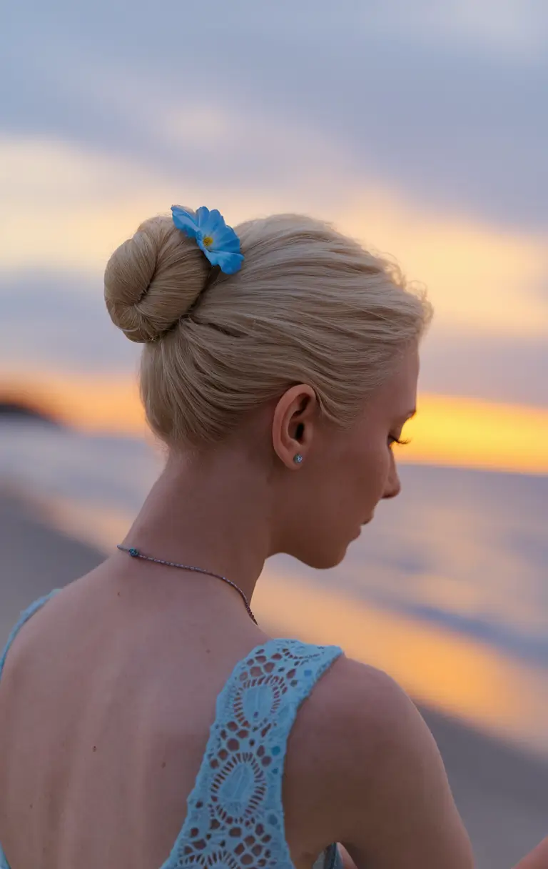 summer swimming hairstyles Graceful Bun with a Floral Pop