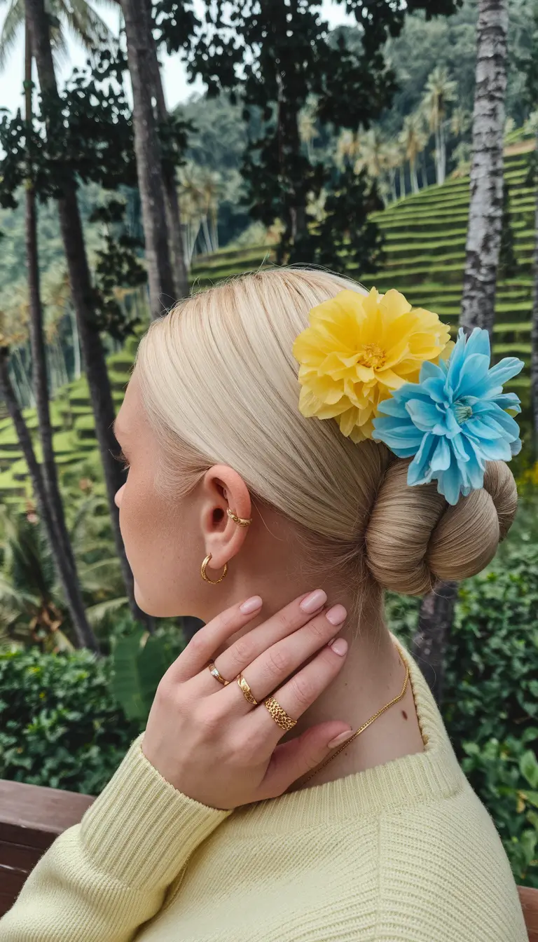 Easy Vacation Hairstyles Inspo - Summer 2025 - Tropical Flower Bun