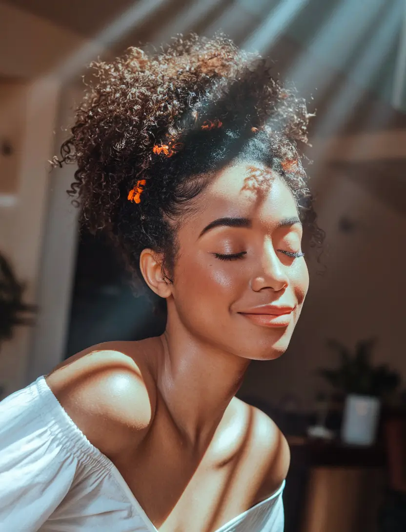 Easy Vacation Hairstyles Inspo - Summer 2025 - Curly High Puff with Floral Accents