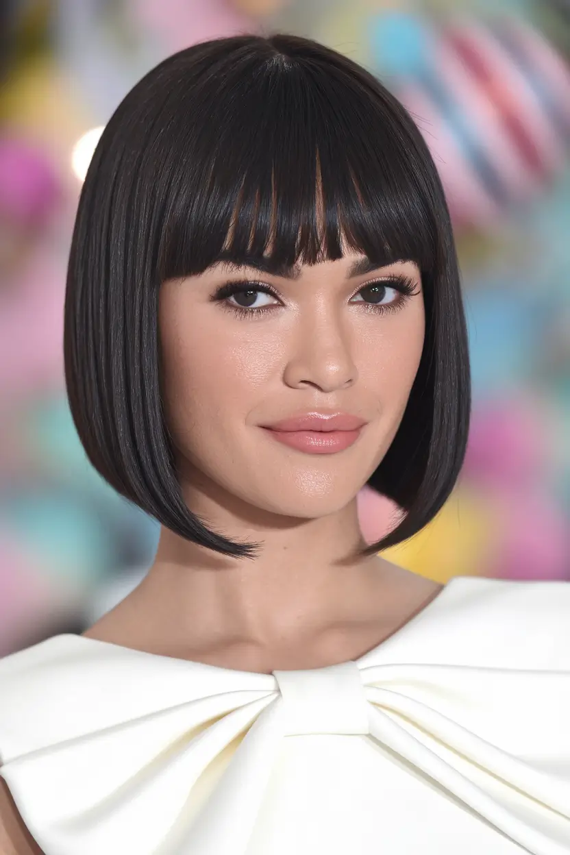 summer hairstyle ideas sleek bob with blunt bangs