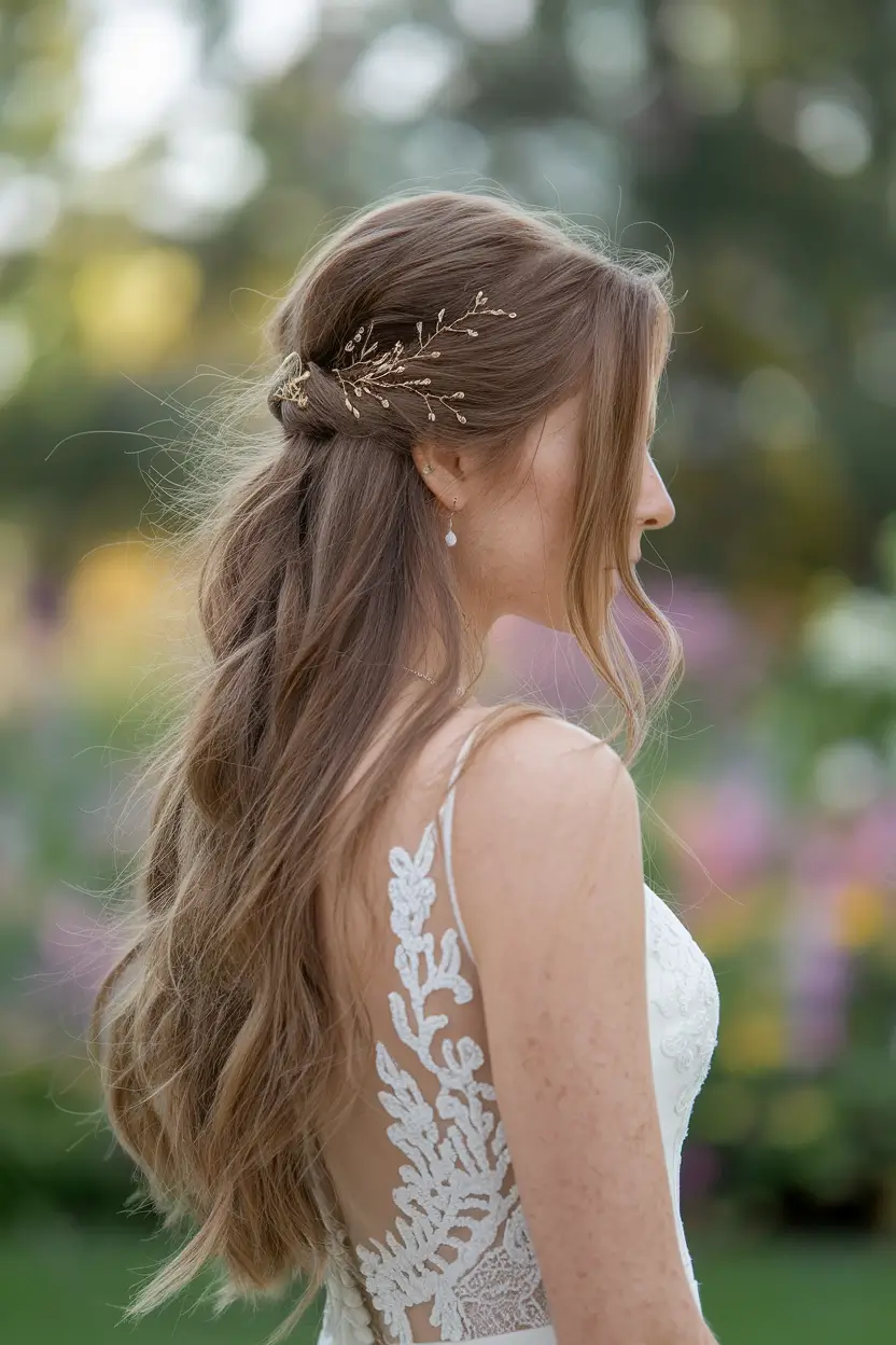 Elegant Wedding Hair Trends - Summer 2025 Half-Up Romantic Waves with Floral Accent
