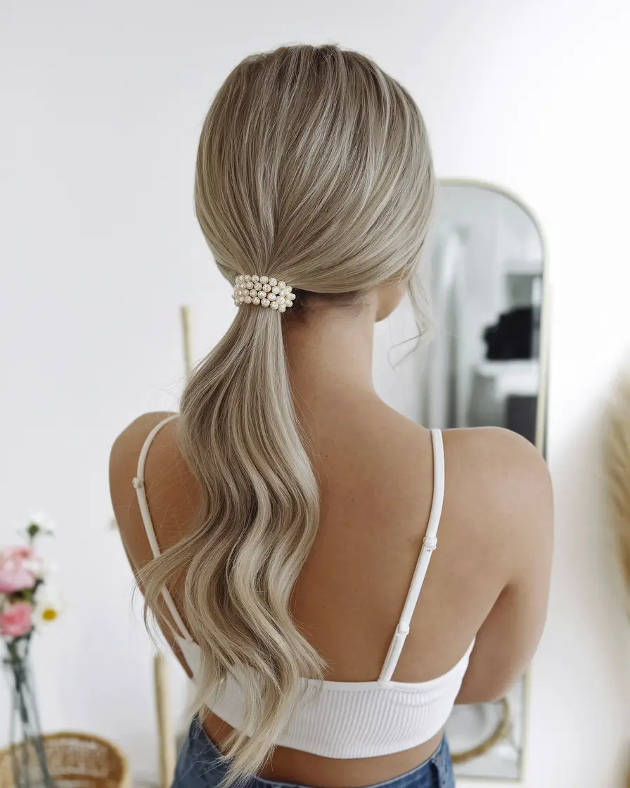 Elegant Wedding Hair Trends - Summer 2025 Low Textured Ponytail with Pearl Band